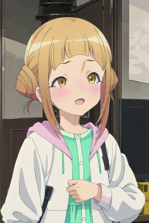 best quality, masterpiece, highres, solo, {takahata_nodoka_alicegearaegisexpansion:1.15}, hair_bun, blush, double_bun, bangs, blonde_hair, yellow_eyes, open_mouth, brown_hair, 1girl, closed_eyes