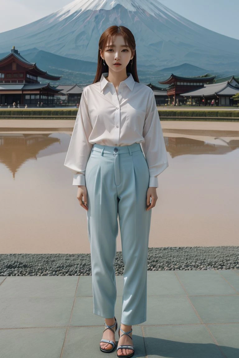 <lora:kim_hee_jeong_obj20:0.5>, full_body, standing, sandals, (shirt), pants, (mount fuji), (kim_hee_jeong: 1.2), perfect face, (contact iris: 1.1), pale skin, skin pores , depth of field