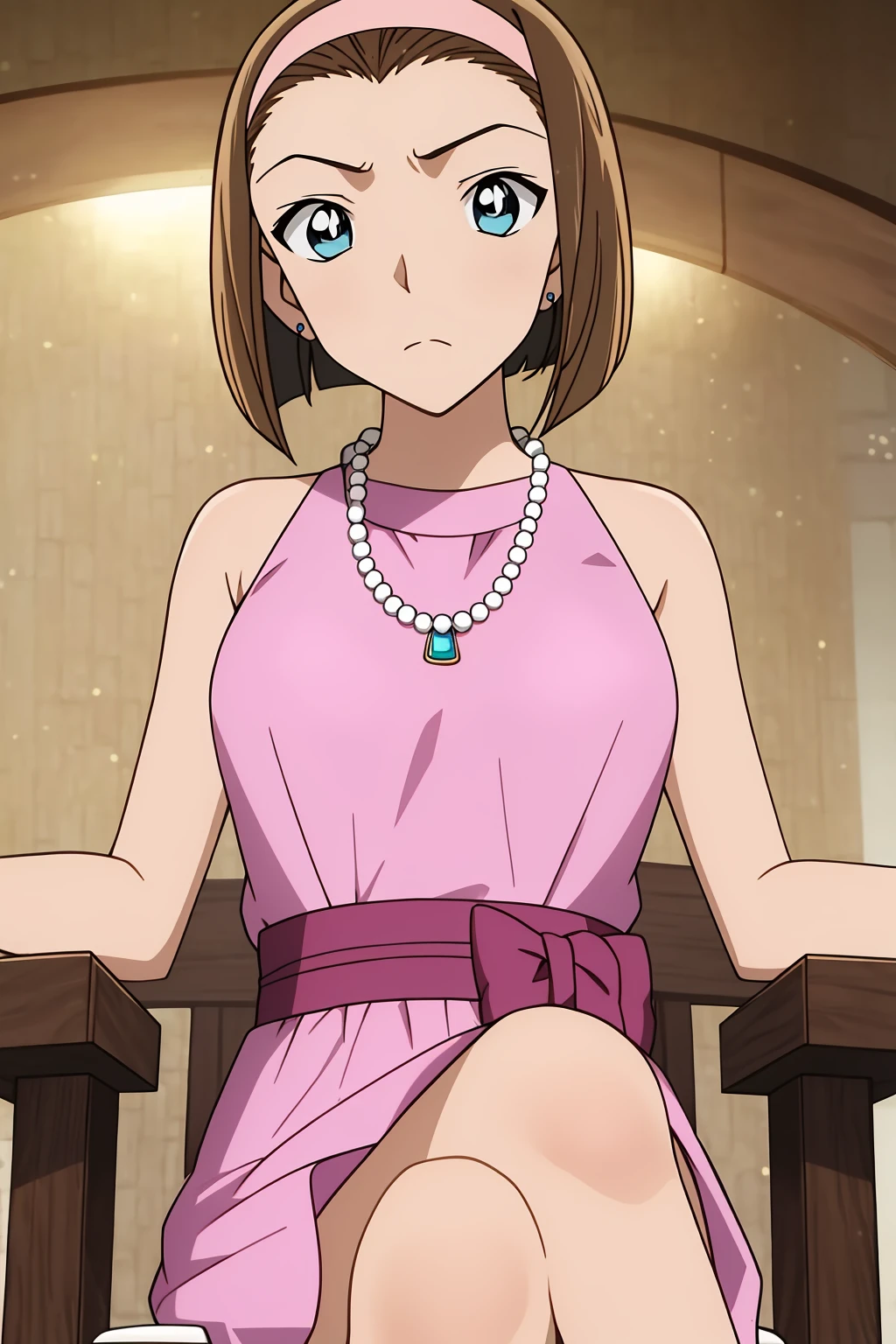sonoko, 1girl,solo,looking_at_viewer,short_hair,blue_eyes,brown_hair,dress,bare_shoulders,jewelry,hairband,sleeveless,necklace,frown,bob_cut,pink_dress,pink_hairband,pearl_necklace,sitting,throne,crossed_legs