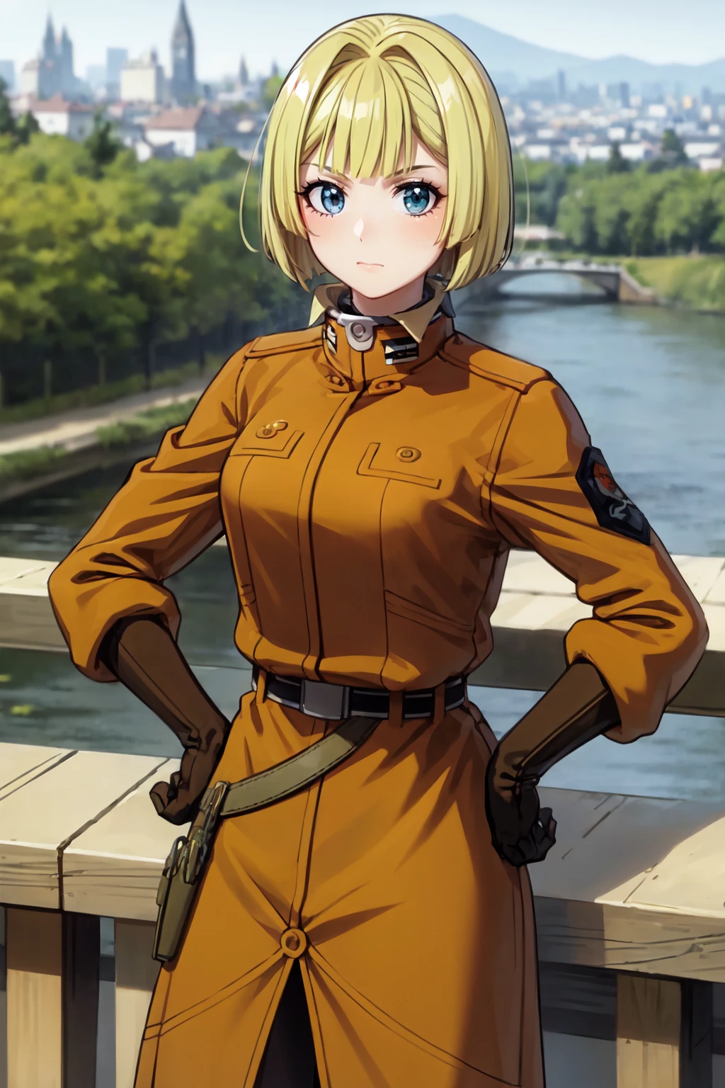 alicema, 1girl, solo, military uniform, coat, gloves, belt, 1940, european cityscape, bridge, river, cowboy shot, looking at viewer, hand on hip,  <lora:alicema_V2-10:0.8>