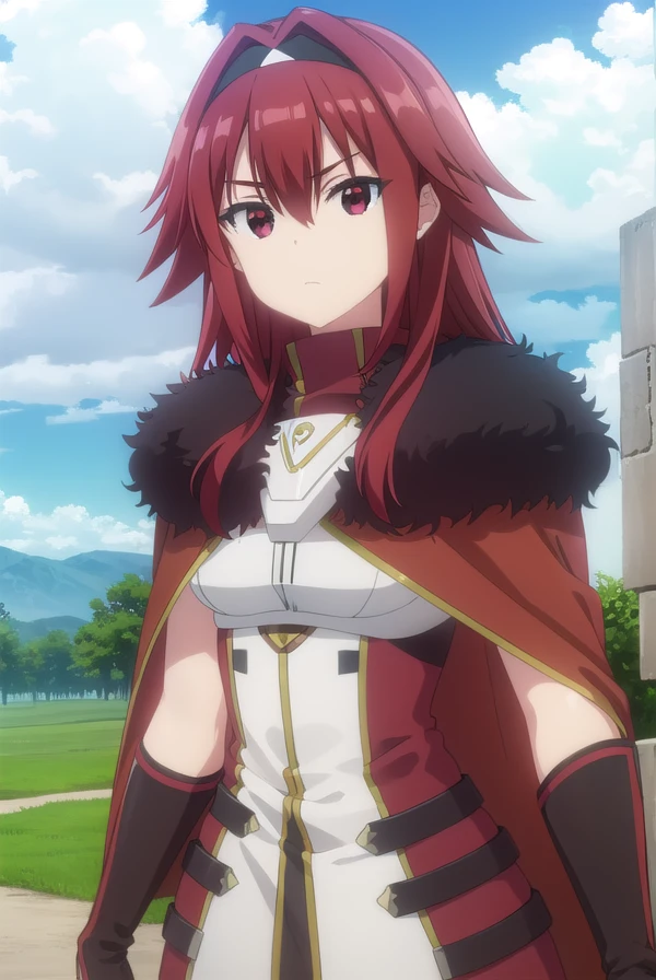 bofurimii, <lora:bofuri mii s2-lora-nochekaiser:1>,
mii, long hair, bangs, (red eyes:1.3), hair between eyes, sidelocks, red hair, hairband, black hairband,
BREAK gloves, black gloves, cape, armor, fur trim, red cape,
BREAK outdoors, forest, nature, sky, sun, clouds,
BREAK looking at viewer,
BREAK <lyco:GoodHands-beta2:1>, (masterpiece:1.2), best quality, high resolution, unity 8k wallpaper, (illustration:0.8), (beautiful detailed eyes:1.6), extremely detailed face, perfect lighting, extremely detailed CG, (perfect hands, perfect anatomy),