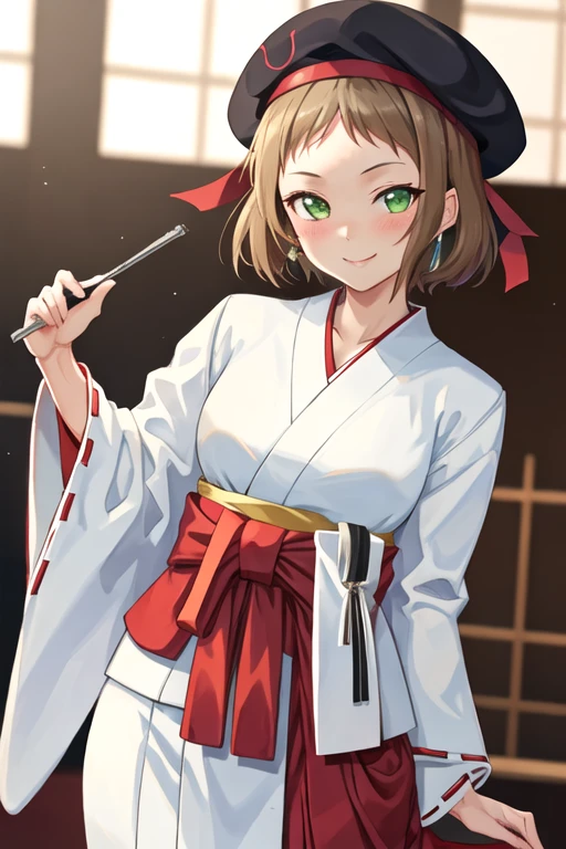best quality, masterpiece, highres, solo, {white kimono:1.35}, {red hakama:1.35}, {wide sleeves:1.20}, {kira_tsubasa_lovelive:1.15}, green_eyes, short_hair, brown_hair, smile, blush, hat, beret