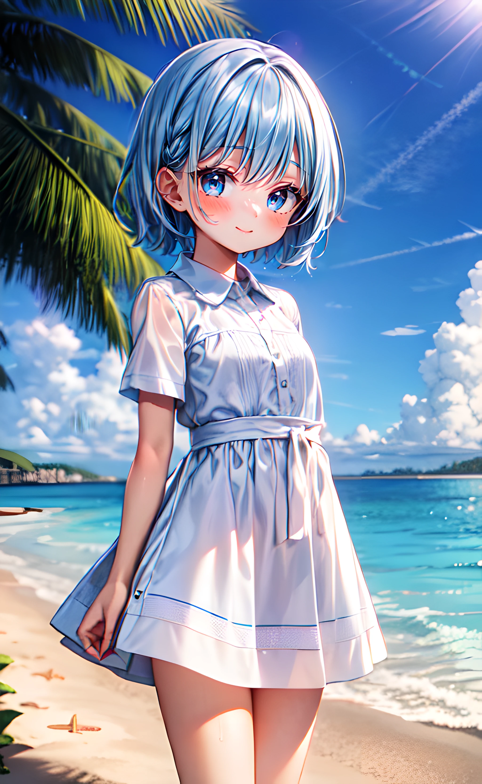 1girl, cowboy shot, standing, short hair, blue hair, blue eyes, white dress, collared dress, short sleeves, closed mouth, smile, outdoors, beach, blue sky, sunlight