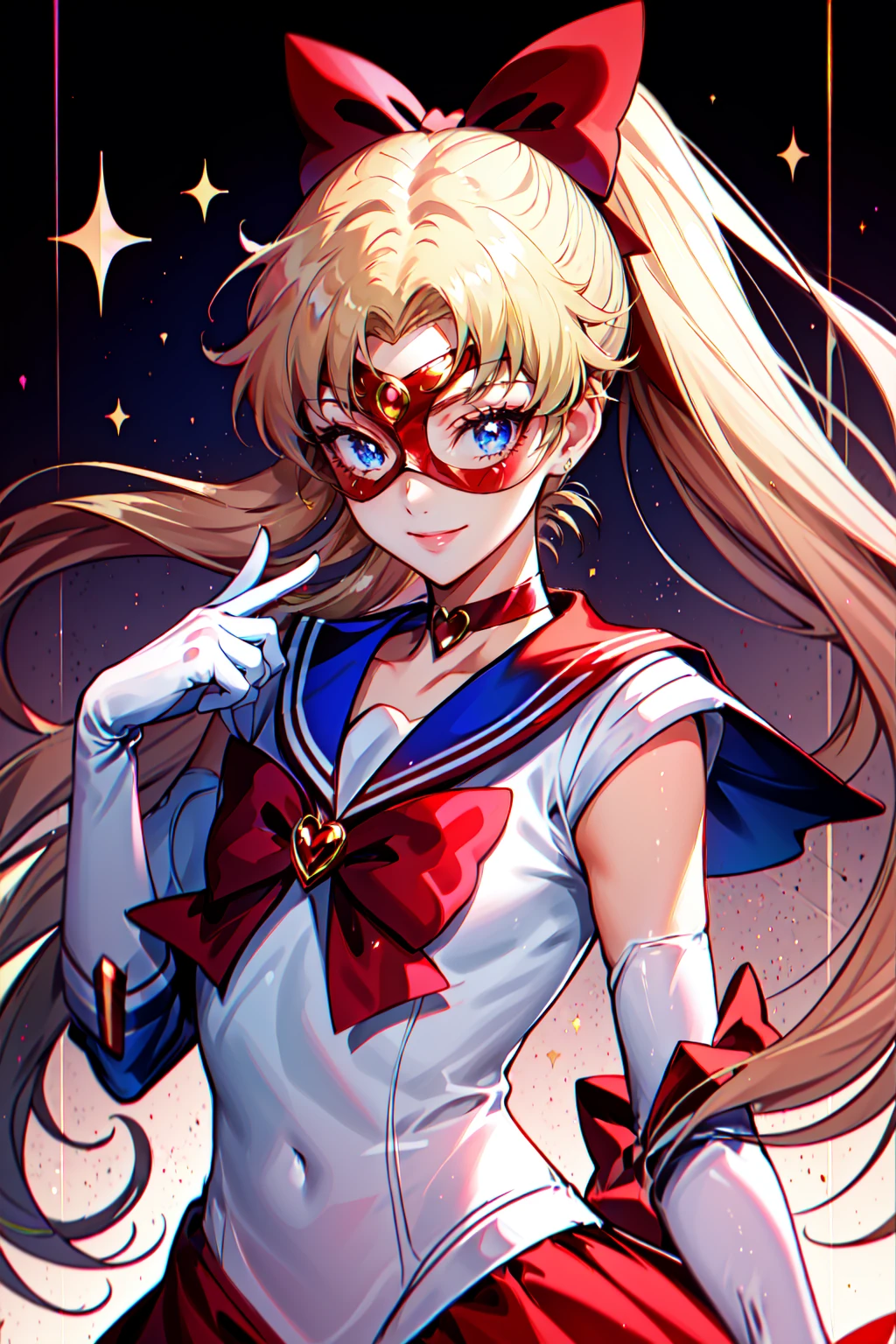 Hero Masks Style, domino mask, 1girl, blonde hair, blue eyes, blue sailor collar, bow, choker, elbow gloves, gloves, hair bow, half updo, long hair, magical girl, red bow, sailor collar, sailor senshi uniform, shoulder pads, smile, solo, upper body, white gloves, <lora:HeroMasks:0.8>