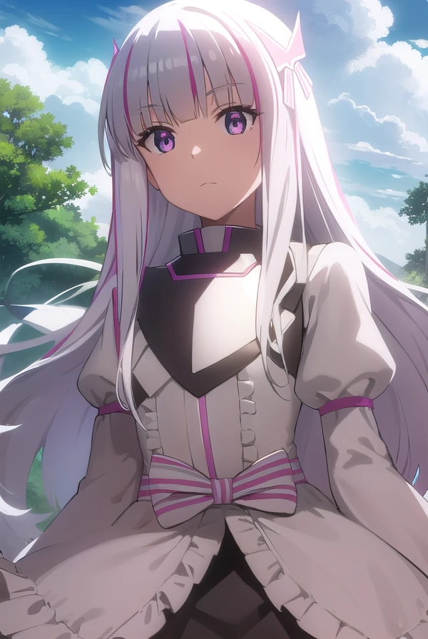 bofuriyui, <lora:bofuri yui s2-lora-nochekaiser:1>,
yui, long hair, hair ornament, white hair, bow, pink bow, vertical stripes, striped,
BREAK gloves, dress, pantyhose, puffy sleeves, white dress, long sleeves, frills,
BREAK outdoors, forest, nature, sky, sun, clouds,
BREAK looking at viewer,
BREAK <lyco:GoodHands-beta2:1>, (masterpiece:1.2), best quality, high resolution, unity 8k wallpaper, (illustration:0.8), (beautiful detailed eyes:1.6), extremely detailed face, perfect lighting, extremely detailed CG, (perfect hands, perfect anatomy),