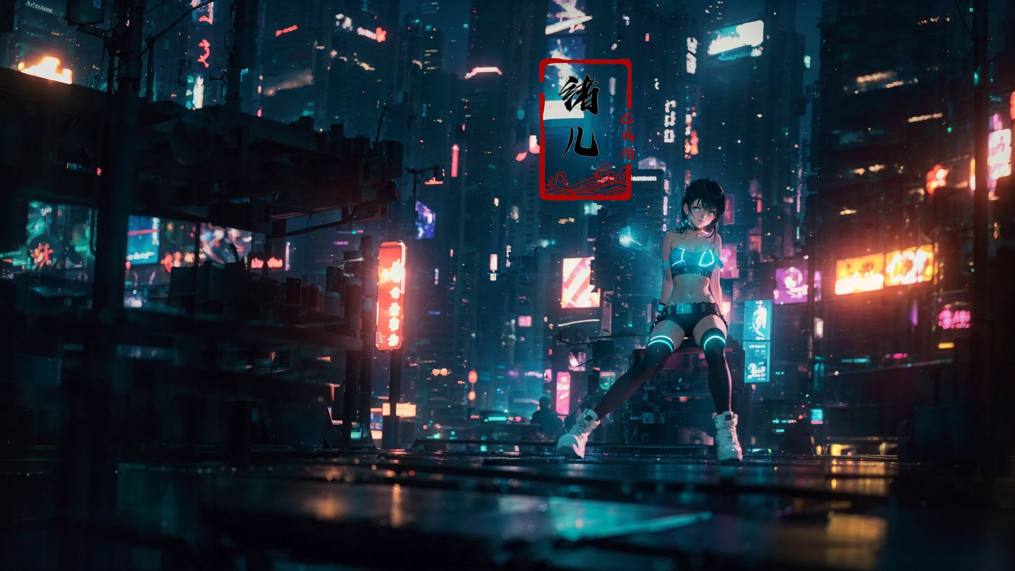 blurry, blurry_background, blurry_foreground, depth_of_field, motion_blur,
1girl, cyberpunk, solo, science fiction, city, neon lights, sitting, night, building, strapless, breasts, hologram, skyscraper, boots, long hair, cityscape, thighhighs, sky, black hair, scenery, white footwear(upper body:1.2)
(glow, light pollution:1.3)(solo focus:1.7)  <lora:~Q?-[SZW^W:fo science cyber:0.6>