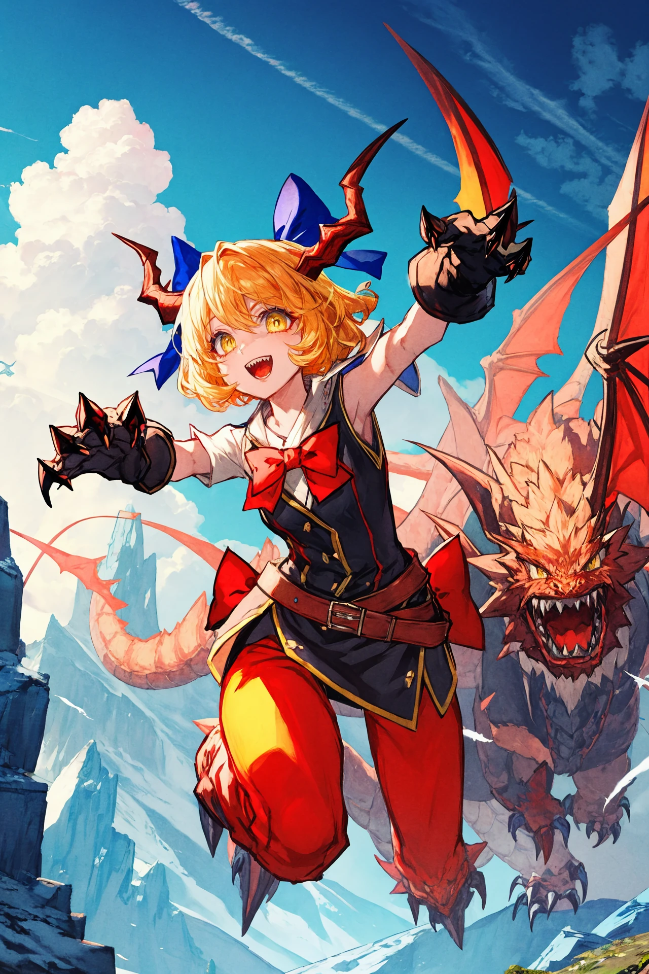 1girl   bow \(weapon\), gloves, open mouth  \(weapon\), blonde hair, fingerless gloves, short hair, battle, belt, teeth, black gloves, glowing, yellow eyes, dragon, monster, drawing bow, smile ,cloud, sky, spikes, mountain, day, claws, giant, aircraft, monster, outdoors, horns, dragon, blue sky, sharp teeth, scenery, teeth 
<lora:Lack-000215:1>, <lora:ç»ä¸½çåå½±:0.2>,<lora:add_detail:0.35>, <lora:adaptedmodel:0.35>