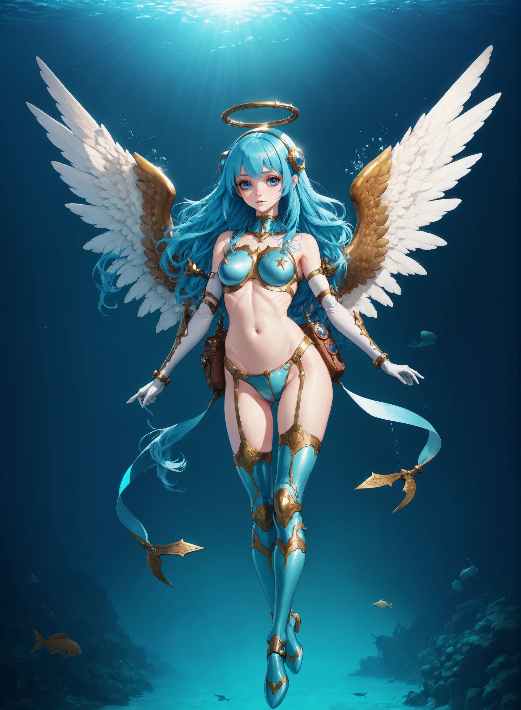 (masterpiece, best_quality, ultra-detailed, immaculate:1.3), perfect anatomy, epic, illustration, 1girl, (refreshing Historical Americana:1.3), angel, full body, cameltoe, (:wild, seductive costume design, :0.2:0.9524), official art, caucasian, creepy aqua lighting , in a stellar submarine, bombshell hair, blue hair with sea green highlights, Razor Cut, contrapposto