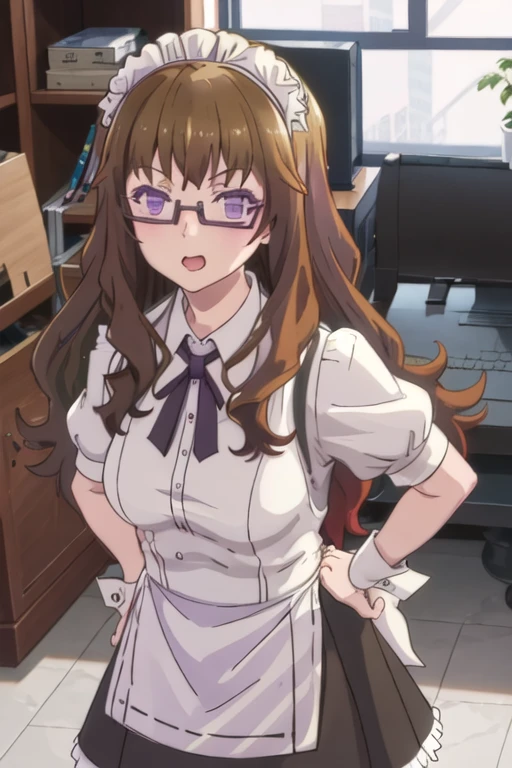 best quality, masterpiece, highres, solo, {maid:1.40}, {long maid dress:1.15}, {feynman_yoshino_renaiflops:1.15}, brown_hair, long_hair, glasses, purple_eyes, semi-rimless_eyewear, under-rim_eyewear, bangs, open_mouth