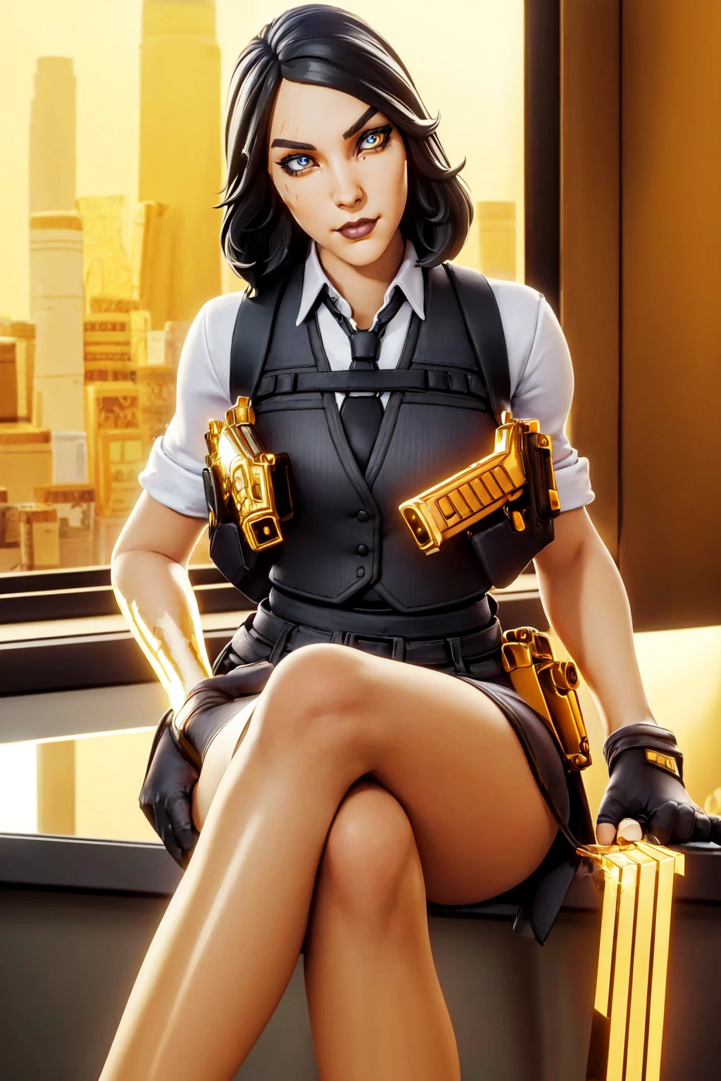 a woman sitting on a desk in an office <lora:MarigoldLoRA:1> marigold, with, scar on eye, uniform, holding, golden gun, beautiful eyes, beautiful girl, high detail skin, high detail eyes, high detail hair, highres, ultra detailed, detailed reflective shiny skin, diffused skin pores, sharpen picture, Highly detailed, masterpiece, best quality,