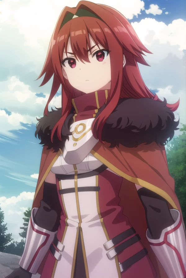 bofurimii, <lora:bofuri mii s2-lora-nochekaiser:1>,
mii, long hair, bangs, (red eyes:1.3), hair between eyes, sidelocks, red hair, hairband, black hairband,
BREAK gloves, black gloves, cape, armor, fur trim, red cape,
BREAK outdoors, forest, nature, sky, sun, clouds,
BREAK looking at viewer,
BREAK <lyco:GoodHands-beta2:1>, (masterpiece:1.2), best quality, high resolution, unity 8k wallpaper, (illustration:0.8), (beautiful detailed eyes:1.6), extremely detailed face, perfect lighting, extremely detailed CG, (perfect hands, perfect anatomy),