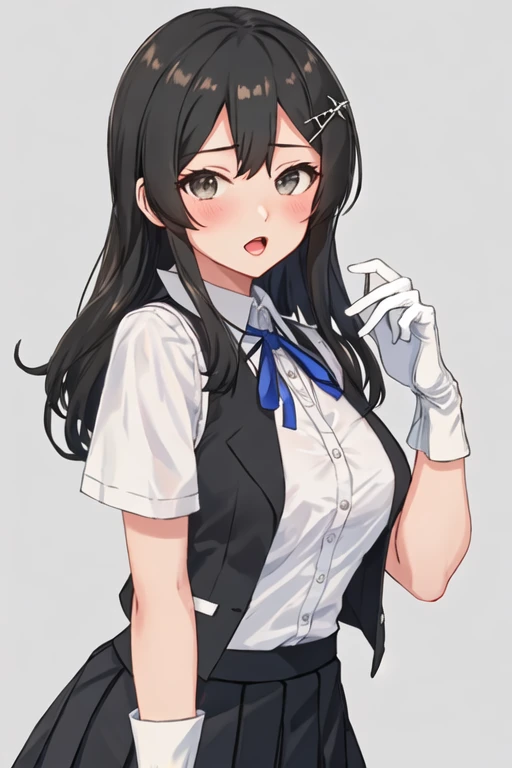 best quality, masterpiece, highres, solo, {oyashio_kantaicollection:1.15}, black_hair, long_hair, hair_ornament, hairclip, blush, vest, ribbon, black_vest, open_mouth, breasts, blue_ribbon, neck_ribbon, 1girl, black_skirt, dress_shirt, gloves, grey_eyes, looking_at_viewer, pleated_skirt, school_uniform, shirt, short_sleeves, skirt, white_gloves, white_shirt, cowboy_shot, grey_background, simple_background