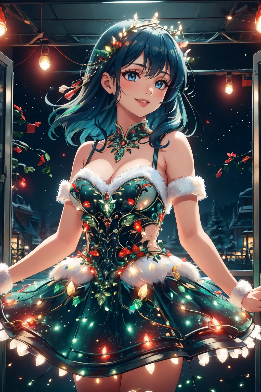 masterpiece, best quality,  <lora:reindeerlights-nvwls-v1:1> reindeerlights dress, 1girl, blue hair, smile, ballroom, red lights