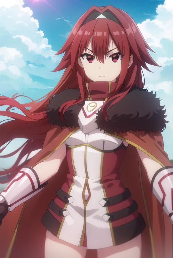 bofurimii, <lora:bofuri mii s2-lora-nochekaiser:1>,
mii, long hair, bangs, (red eyes:1.3), hair between eyes, sidelocks, red hair, hairband, black hairband,
BREAK gloves, black gloves, cape, armor, fur trim, red cape,
BREAK outdoors, forest, nature, sky, sun, clouds,
BREAK looking at viewer,
BREAK <lyco:GoodHands-beta2:1>, (masterpiece:1.2), best quality, high resolution, unity 8k wallpaper, (illustration:0.8), (beautiful detailed eyes:1.6), extremely detailed face, perfect lighting, extremely detailed CG, (perfect hands, perfect anatomy),