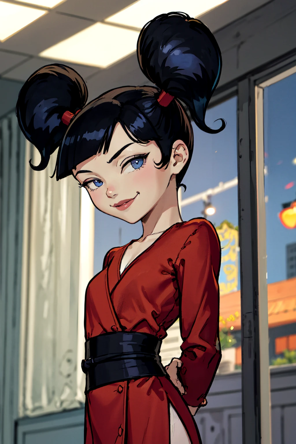 kimiko, 1girl, black hair, twintails, solo, blue eyes, dress, red dress, long sleeves, smile, upper body,standing, looking at viewer, arms behind back, <lora:kimiko1.o-000008:0.7>