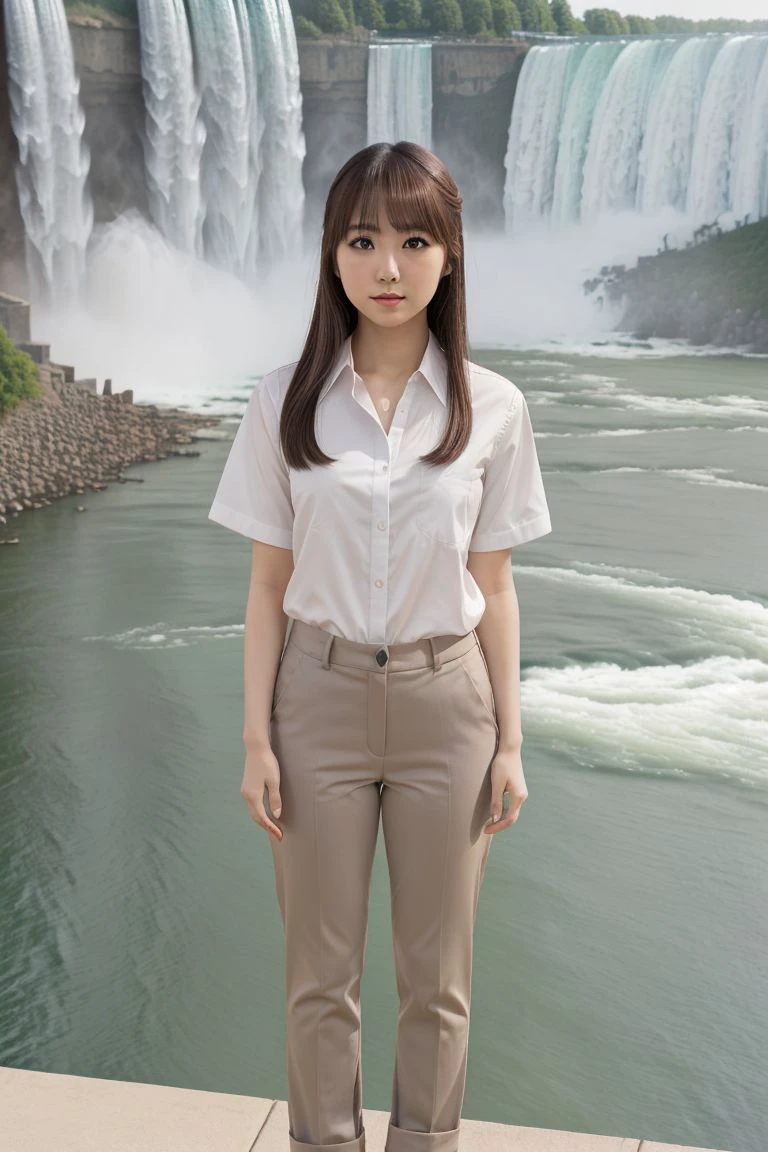 <lora:ai_takanashi_obj20:0.5 >, full_body, standing, sandals, (shirt), pants, (niagara falls), (ai_takanashi: 1.1), perfect face, (contact iris: 1.1), pale skin, skin pores , depth of field