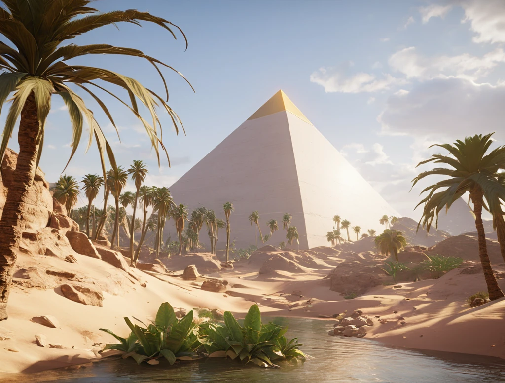 A pyramid in a desert oasis, nile landscape, 8k hd high definition beautiful photography, cg award winning unreal engine render, matte painting ultra realism <lora:Unweathered_Pyramids-000008:0.5>