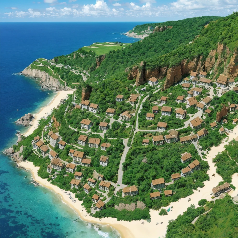 Cliffside village, aerial views of soaring dragons, channeling high-fantasy anime aesthetics.