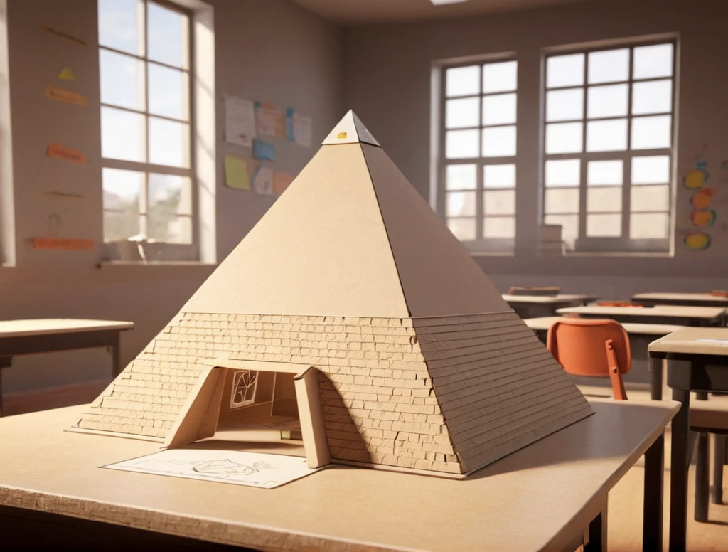 a school science project in the style of a wh1t3ng0ld style pyramid, amateur cardboard miniature build on a school desk, 8k hd high definition beautiful photography, cg award winning unreal engine render, matte painting ultra realism <lora:Unweathered_Pyramids-000006:0.6>