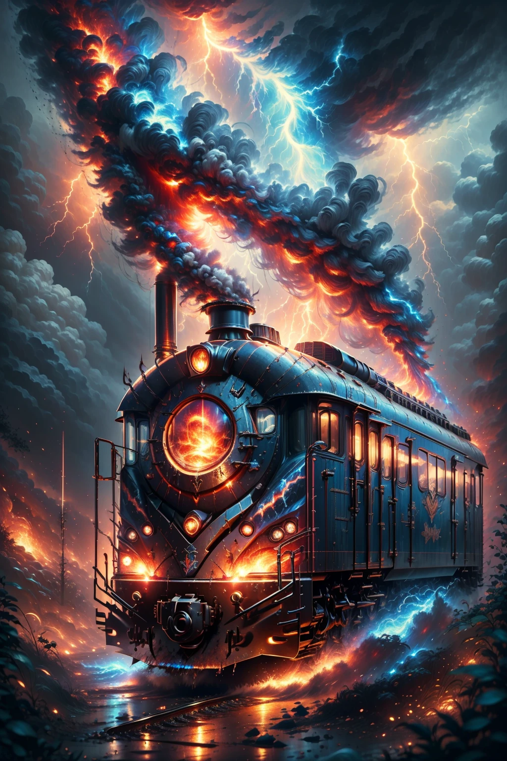 masterpiece, best quality,  <lora:ragingstorm-nvwls-v1:1> ragingstorm train, ground vehicle, wasteland, fire, grey sky