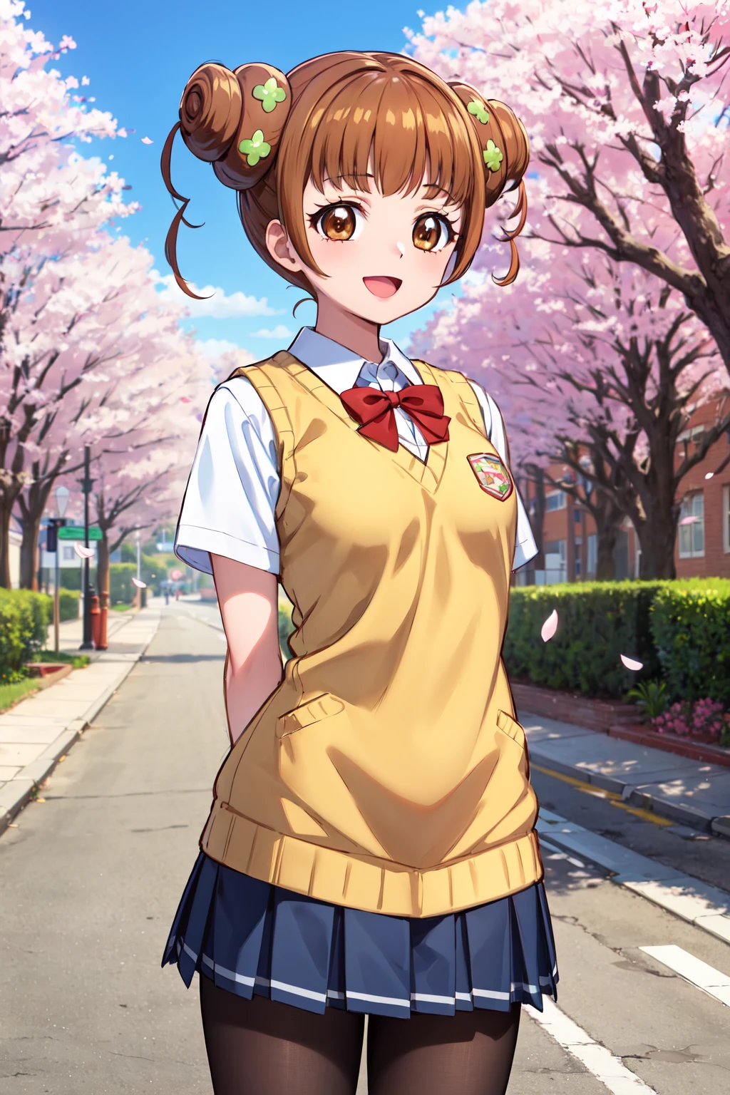 masterpiece,best quality,highres,ultra-detailed,bbalice,brown eyes,brown hair,short hair,double bun,bangs,clover hair ornament,<lora:yotsuba_alice:0.9>,pantyhose,outdoors,cherry blossoms,street,(school uniform:1.2),sweater vest,:d,arms_behind_back,