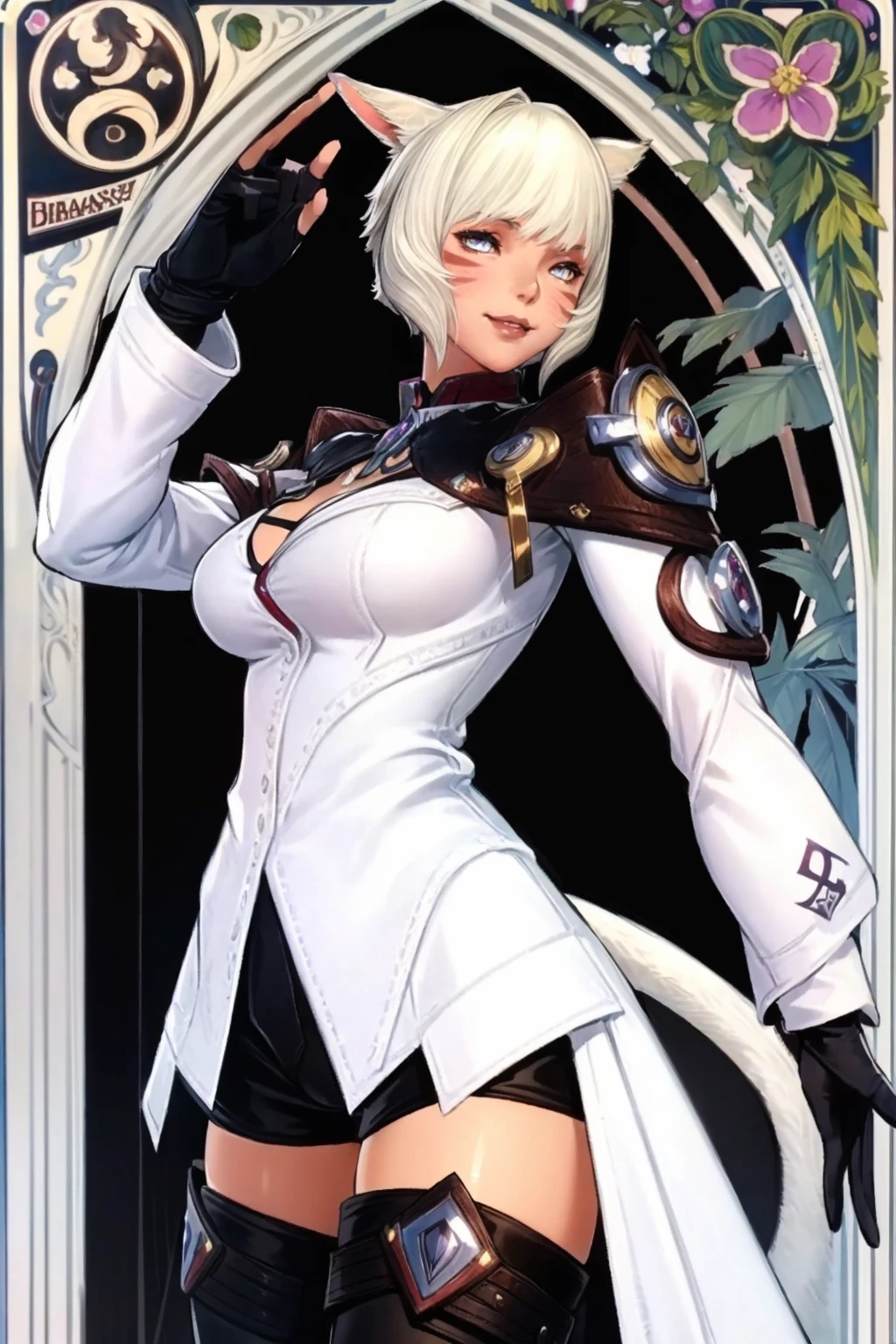 (large breasts:1.4), (seductive smile:1.4), (naughty expression:1.1), (excited:1.1), (flushed cheeks:1.2), (cowboy shot:1.3), standing, looking at viewer, (art nouveau:1.5), <lora:YSTLRR_FF14:0.8>, newscions, y'shtola, y'shtola rhul, miqo'te, 1woman, cat girl, grey hair, short hair, bangs, animal ears, cat ears, grey eyes, slit pupils, lips, facial mark, whisker markings, tail, cat tail, coat, (white long coat:1.5), long sleeves, gloves, black gloves, shorts, short shorts, black shorts, skirt, thighhighs, black thighhighs, boots, thigh boots, black footwear, shoes, masterpiece, best quality, high-resolution, absurdres, highres, ultra detailed, highly detailed, 4k, 8k