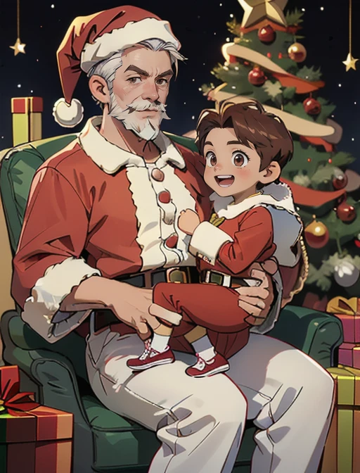 best quality, masterpiece, highres, detailed, digital artwork, <lora:Detail - add_detail:0.2>, 2boys, SantaLap, <lyco:Scene - SantaLap:0.9>, sitting on lap, happy, mall BREAK 1boy, old man, santa, santa claus, white hair, red pants, santa hat, fat, white beard, mustache BREAK male , JojoHayato, brown hair, forehead, split bangs, brown eyes, medium hair, <lora:Character - JoJoHayato:0.4>