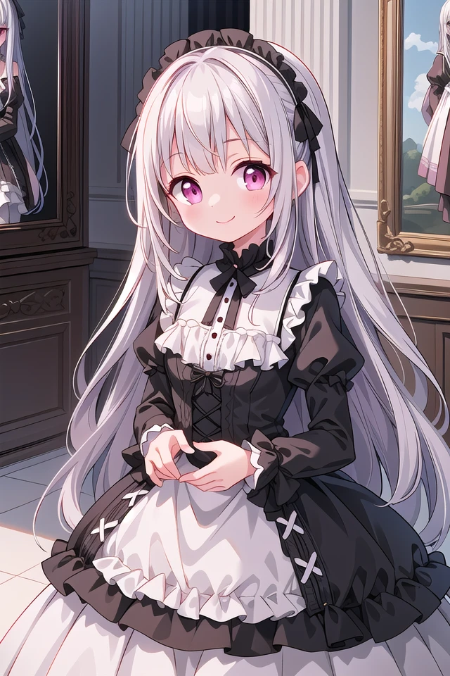 ((masterpiece:1.4, best quality)), ((masterpiece, best quality)),
one girl, cute girl, silver hair, long hair, pink eyes, smile, black gothic dress, white frill, hair dress,
indoors, castle, gothic, cute pose