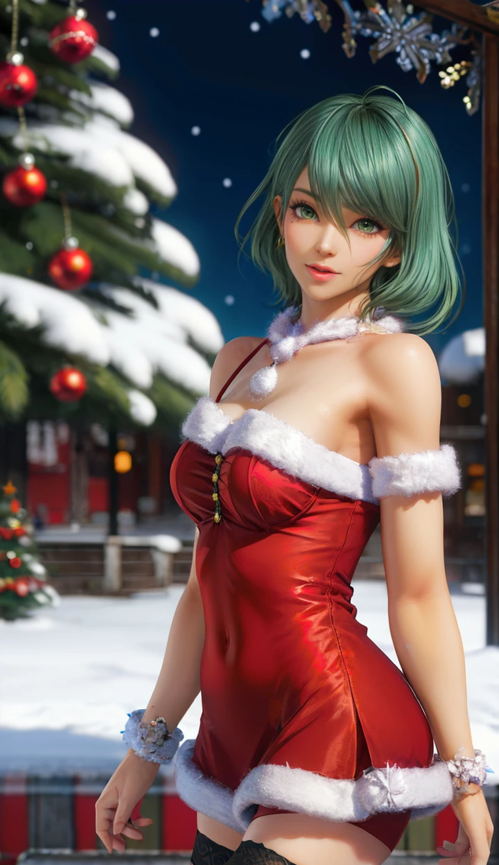 masterpiece,highres,3D graphics,available light,snowflakes,outdoors,
tamaki,1girl,solo,green hair,green eyes,((red christmas dress)),thighhighs,looking_at_viewer,arms behind head,christmas,portrait,mole under eye,
<lora:add_detail:0.3>,<lora:tamaki-000005:0.7>,
