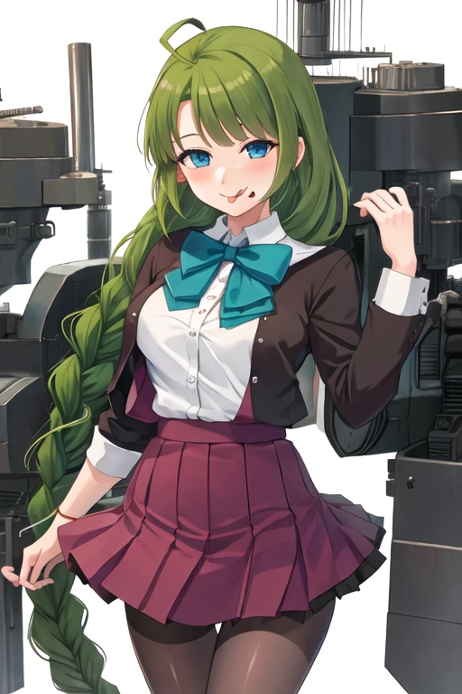 best quality, masterpiece, highres, solo, {yuugumo_kantaicollection:1.15}, green_hair, long_hair, mole, mole_under_mouth, blue_eyes, ahoge, braid, single_braid, very_long_hair, blush, smile, bow, bowtie, breasts, 1girl, school_uniform, tongue, tongue_out, looking_at_viewer, :p, machinery, pantyhose