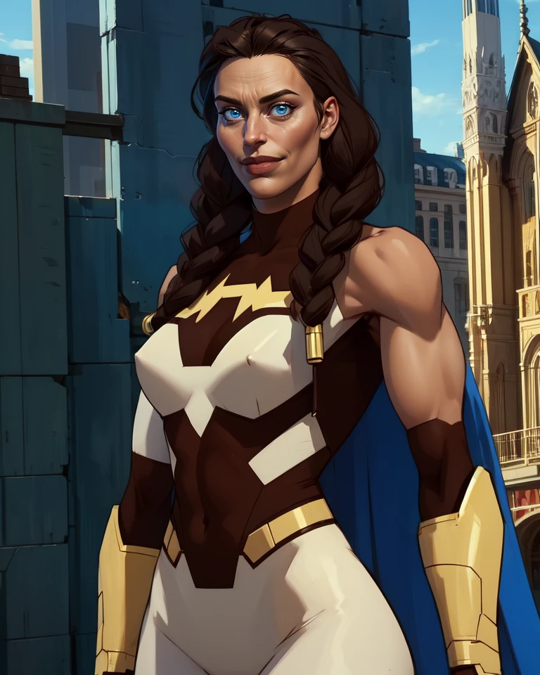 holly,long hair,blue eyes,lips,brown hair,twin braids,
armor,cape,gloves,bodysuit,sleeveless,
smile,muscular,
standing,upper body,city,
(insanely detailed, beautiful detailed face, masterpiece, best quality),solo,<lora:warwoman:0.8>,