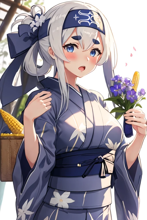 best quality, masterpiece, highres, solo, {kamoi_kantaicollection:1.15}, long_hair, headband, folded_ponytail, white_hair, blue_eyes, sidelocks, breasts, thick_eyebrows, large_breasts, blush, hair_between_eyes, bandana, open_mouth, 1girl, flower, food, hair_flower, hair_ornament, japanese_clothes, kimono, looking_at_viewer, yukata, blue_kimono, corn, obi, sash, upper_body, alternate_costume