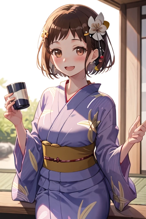 best quality, masterpiece, highres, solo, {yukata:1.40}, {kimono:1.20}, {hazawa_tsugumi_bangdream:1.15}, brown_hair, short_hair, brown_eyes, blush, smile, bangs, open_mouth