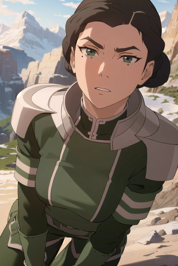avatarkuvira, <lora:avatar kuvira-lora-nochekaiser:1>,
kuvira, black hair, dark skin, hair bun, single hair bun, (green eyes:1.5), mole, mole under eye,
BREAK boots, armor, uniform, military, military uniform,
BREAK outdoors, forest, nature, sky, sun, clouds,
BREAK looking at viewer,
BREAK <lyco:GoodHands-beta2:1>, (masterpiece:1.2), best quality, high resolution, unity 8k wallpaper, (illustration:0.8), (beautiful detailed eyes:1.6), extremely detailed face, perfect lighting, extremely detailed CG, (perfect hands, perfect anatomy),