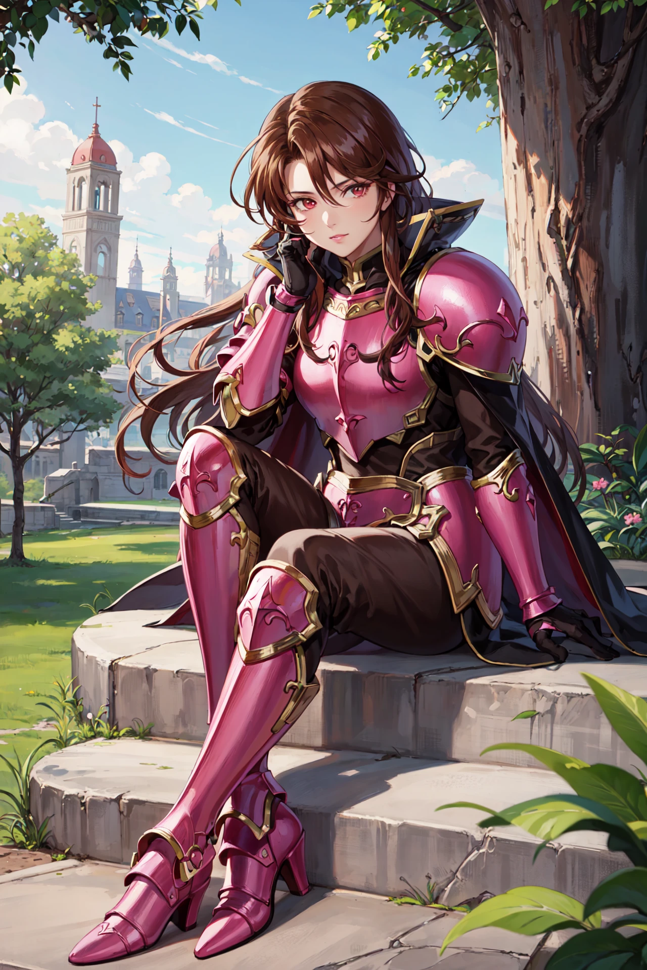 upper_body,sitting,<lora:sheenaV1-000009:0.85>,sheena, armor, gauntlets,looking at viewer, armored boots, cape, high heels, shoulder armor, breastplate,  pauldrons, greaves, gloves, pink footwear, faulds,outdoors,(masterpiece, best quality, ultra-detailed, best shadow)