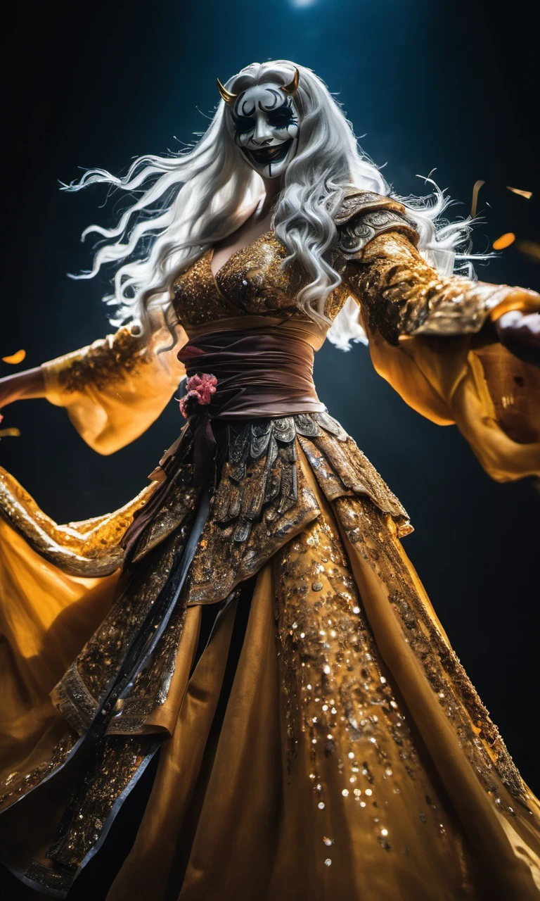 crptedmonk, <lora:monk-000004:0.8>,holding a weapon,Fashion show stage, official art, A lively world of magic, a magnificent and splendid suit adorned with crystals,vibrant color, an elegant girl, a mysterious cloud of gold and silver glitter surrounds her, a world of delicate hands with glowing beads and petals dancing in the wind, light and dark light dancing in her form. Contemporary art, abstract and radiant artwork, luxurious, avant-garde, chic, professional, intricately detailed, ambient lighting, radiant light, Bright rim light, high contrast, bold edge light,a few of fog around, model pose, light smile,
masterpiece, perfect anatomy, 32k UHD resolution, best quality, highres, realistic photo, professional photography,cinematic angle, cinematic lights, reflection lighting, whole body from far away
