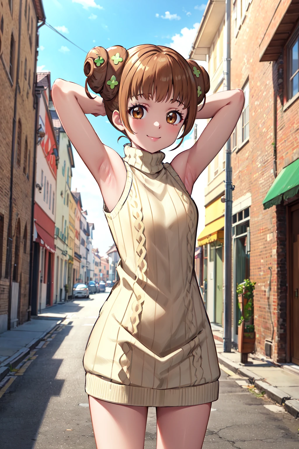 masterpiece,best quality,highres,ultra-detailed,bbalice,brown eyes,brown hair,short hair,double bun,bangs,clover hair ornament,<lora:yotsuba_alice:0.9>,(sweater:1.2),(turtleneck:1.2),street,smile,standing,(sleeveless:1.2),cowboy shot,arm_behind_head,arms_up,
