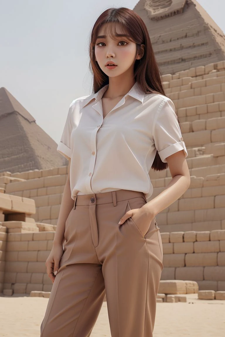 <lora:chayoo_jin_obj20:0.5 >, full_body, standing, sandals, (shirt), pants, (egyptian pyramids), (chayoo_jin: 1.2), perfect face, (contact iris: 1.1), pale skin, skin pores , depth of field