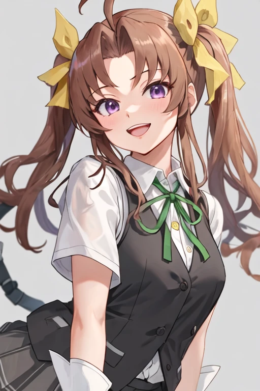 best quality, masterpiece, highres, solo, {kagerou_kantaicollection:1.15}, brown_hair, twintails, ribbon, long_hair, hair_ribbon, ahoge, purple_eyes, green_ribbon, vest, neck_ribbon, smile, white_ribbon, yellow_ribbon, 1girl, looking_at_viewer, school_uniform, shirt, upper_body, white_shirt, grey_vest, gloves, short_sleeves, open_mouth, white_gloves