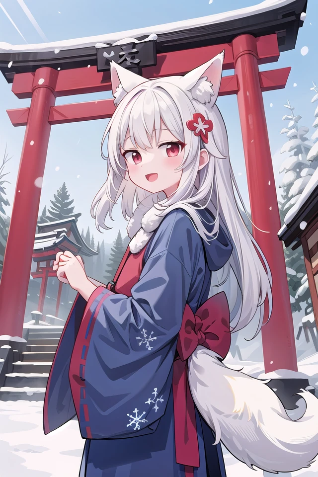insanely detailed, absurdres, ultra-highres, ultra-detailed, best quality,
1girl, solo, nice hands, perfect hands,
BREAK
miko, hanfu, winter hanfu, cloak, (bare shoulder:-1.5), (cleavage:-1.5)
BREAK
happy smile, laugh, open mouth, standing,
from side,
cute pose, cowboy shot,
BREAK
slender, kawaii, perfect symmetrical face, ultra cute girl, ultra cute face, ultra detailed eyes, ultra detailed hair, ultra cute, ultra beautiful,
BREAK
japan, shrine, snowing, snowflake, snow, torii gate, stone steps, shrine architecture
BREAK
(white blue hair:1.2), very long hair, red eyes, two-tone hair, hair ornament, fox ears, fox tail, multiple tails,