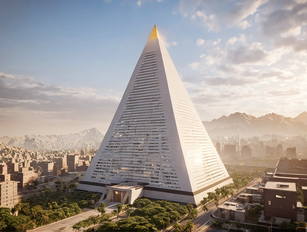 A high rise building in the style of a wh1t3ng0ld style pyramid, 8k hd high definition beautiful photography, cg award winning unreal engine render, matte painting ultra realism <lora:Unweathered_Pyramids-000006:0.8>