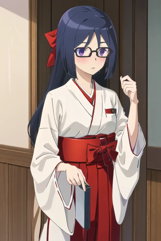 best quality, masterpiece, highres, solo, {white kimono:1.35}, {red hakama:1.35}, {wide sleeves:1.20}, {momoshina_fumika_alicegearaegisexpansion:1.15}, glasses, long_hair, purple_eyes, blue_hair, blush, black_hair