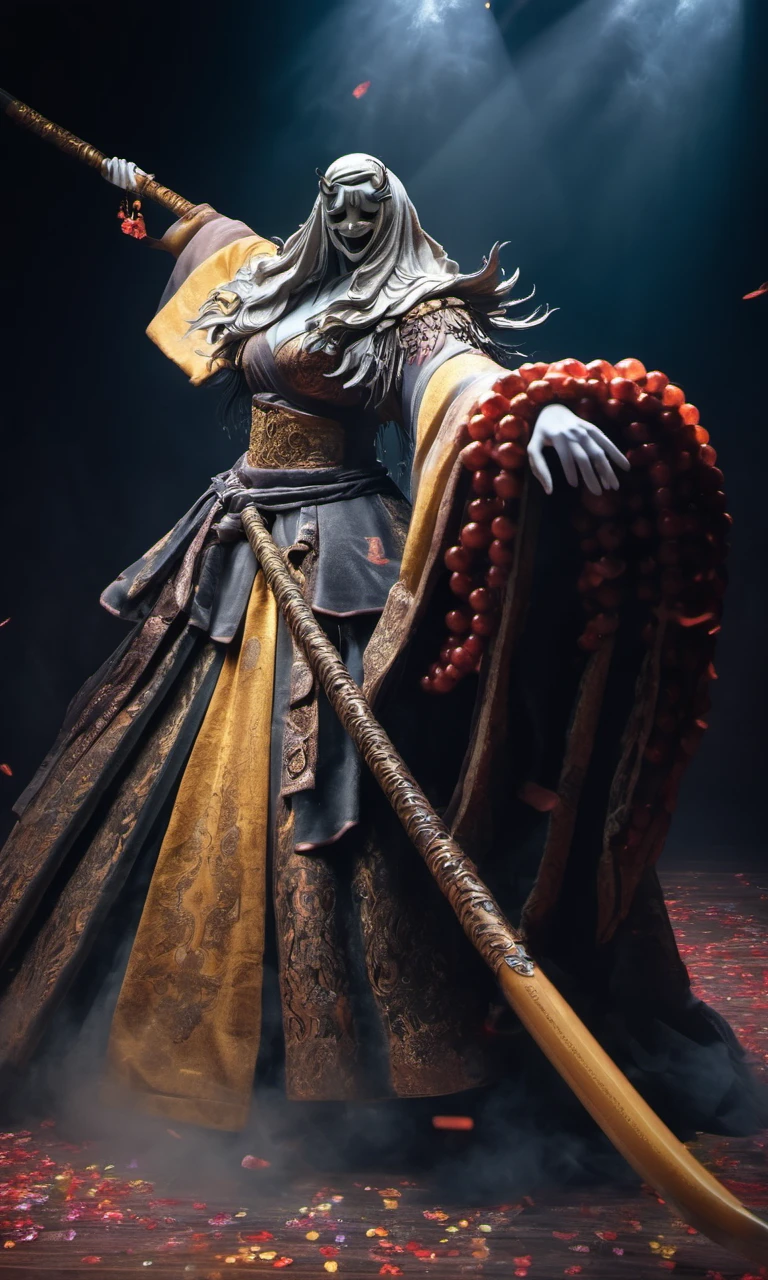 crptedmonk, <lora:monk-000004:1>,holding a weapon,Fashion show stage, official art, A lively world of magic, a magnificent and splendid suit adorned with crystals,vibrant color, an elegant girl, a mysterious cloud of gold and silver glitter surrounds her, a world of delicate hands with glowing beads and petals dancing in the wind, light and dark light dancing in her form. Contemporary art, abstract and radiant artwork, luxurious, avant-garde, chic, professional, intricately detailed, ambient lighting, radiant light, Bright rim light, high contrast, bold edge light,a few of fog around, model pose, light smile,
masterpiece, perfect anatomy, 32k UHD resolution, best quality, highres, realistic photo, professional photography,cinematic angle, cinematic lights, reflection lighting, whole body from far away,