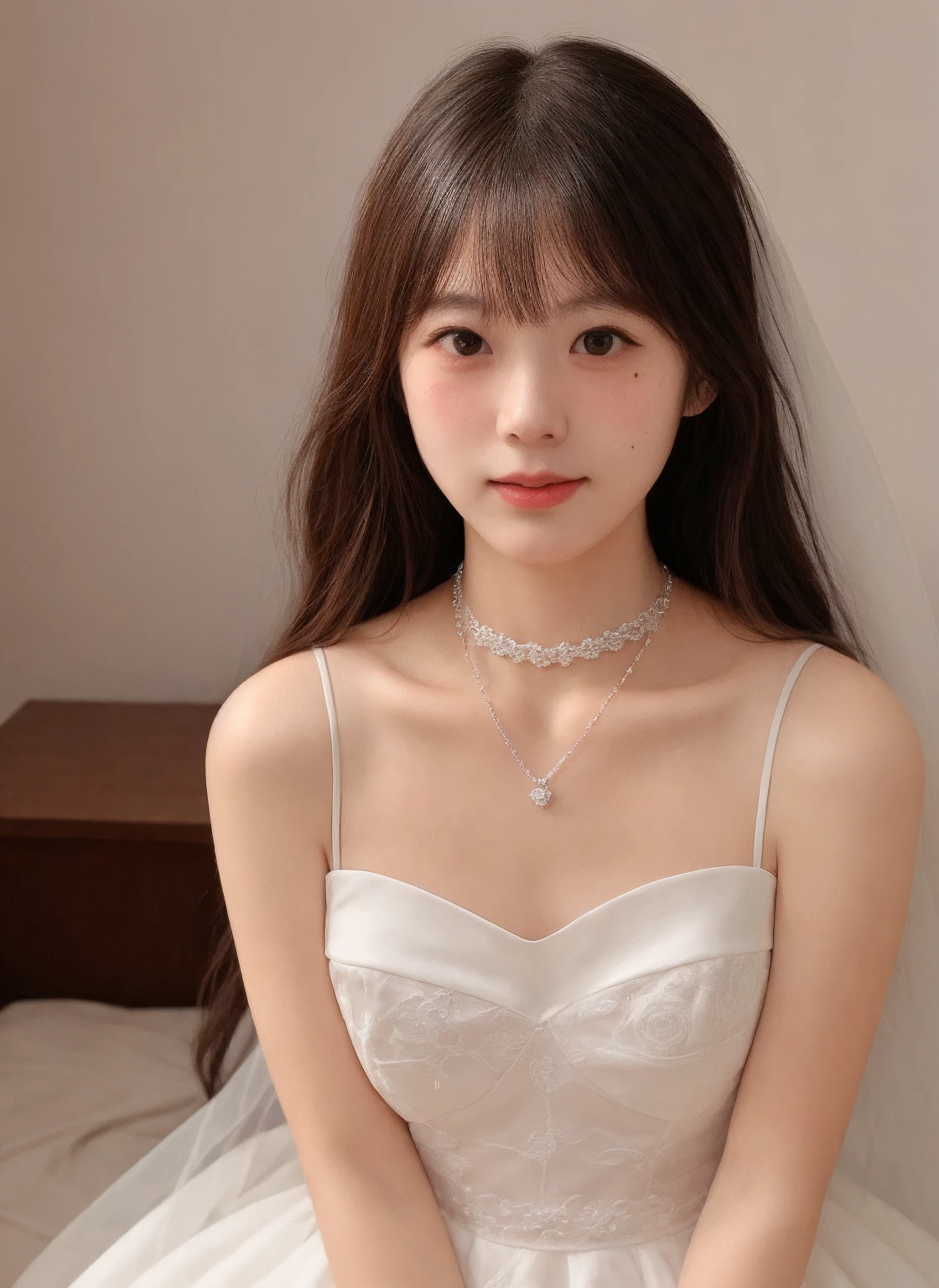 masterpiece, high quality, 1girl, upper body, choker, parted lips, wedding dress, blush,looking at viewer, sitting, mole,
 <lora:ppsn_v1-000007:0.68>