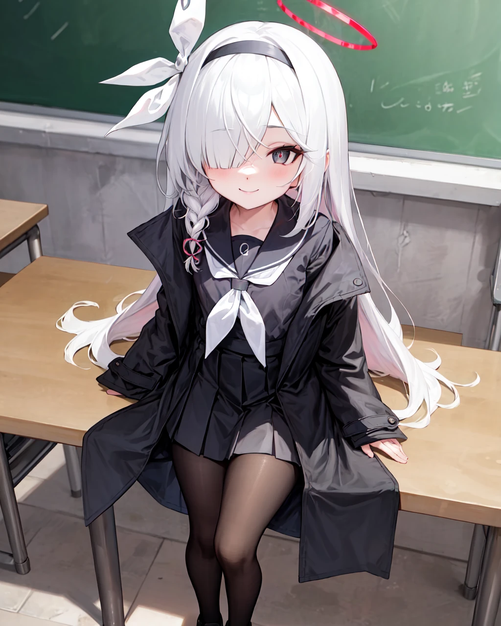 1girl, solo, long hair,  bangs, skirt, long sleeves, ribbon,  school uniform,  grey eyes, jacket,  hair ribbon,  braid, white hair, pantyhose, pleated skirt, hairband, open clothes,  black skirt, sailor collar, black footwear, hair over one eye, coat, neckerchief, sleeves past wrists, black pantyhose, halo,  black coat, plana (blue archive), symbol-shaped pupils, indoors, classroom, standing,  smile,  <lora:Plana_Blue_Archive_LoraV1-000002:1>, 8K, masterpiece, beautiful