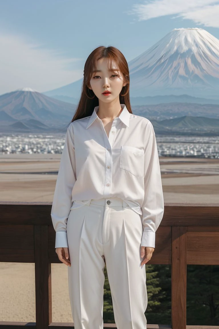 <lora:kim_hee_jeong_obj20:0.5>, full_body, standing, sandals, (shirt), pants, (mount fuji), (kim_hee_jeong: 1.2), perfect face, (contact iris: 1.1), pale skin, skin pores , depth of field