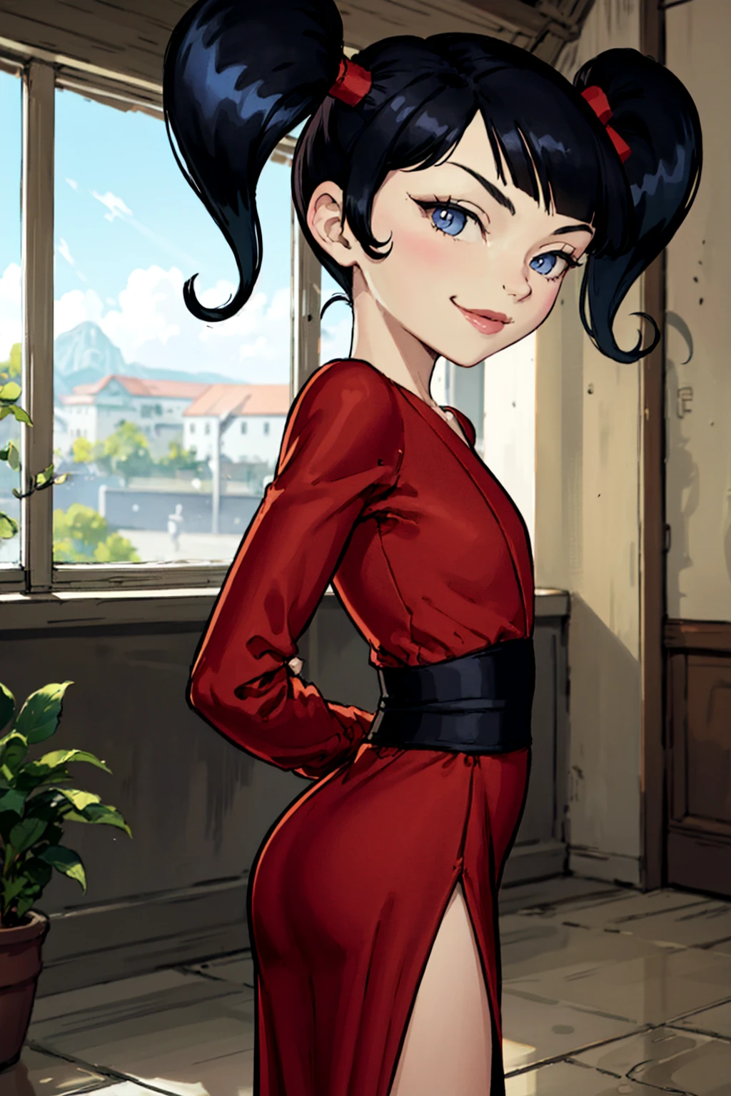 kimiko, 1girl, black hair, twintails, solo, blue eyes, dress, red dress, long sleeves, smile, upper body,standing, looking at viewer, arms behind back, <lora:kimiko1.o-000008:0.7>