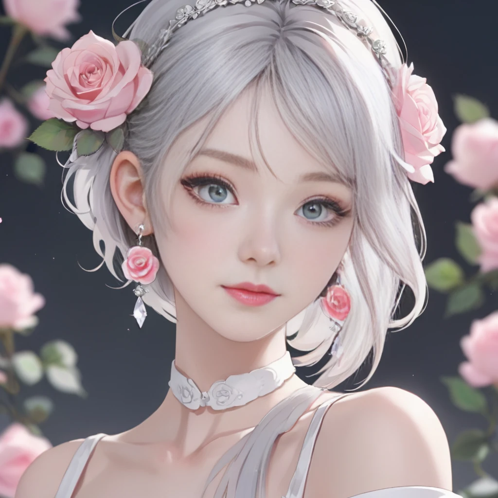 anime gorgeous girl, no bangs or bangs of hair, agg, 1 girl, gray white hair, earrings, pink rose hair accessories, looking at the audience, head portrait, aurelia, Joi, <lora:AGG Joi:0.3>