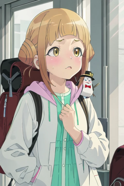 best quality, masterpiece, highres, solo, {takahata_nodoka_alicegearaegisexpansion:1.15}, hair_bun, blush, double_bun, bangs, blonde_hair, yellow_eyes, open_mouth, brown_hair, 1girl, >_<, blunt_bangs, closed_eyes, jacket, pout, shirt, upper_body, white_jacket, closed_mouth, short_hair, single_hair_bun, hood, long_sleeves, open_clothes, backpack, hands_on_own_cheeks, hands_on_own_face, hands_on_own_head, open_jacket