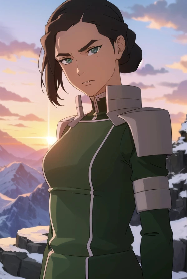 avatarkuvira, <lora:avatar kuvira-lora-nochekaiser:1>,
kuvira, black hair, dark skin, hair bun, single hair bun, (green eyes:1.5), mole, mole under eye,
BREAK boots, armor, uniform, military, military uniform,
BREAK outdoors, forest, nature, sky, sun, clouds,
BREAK looking at viewer,
BREAK <lyco:GoodHands-beta2:1>, (masterpiece:1.2), best quality, high resolution, unity 8k wallpaper, (illustration:0.8), (beautiful detailed eyes:1.6), extremely detailed face, perfect lighting, extremely detailed CG, (perfect hands, perfect anatomy),